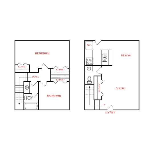 This image presents a detailed floor plan showing a bedroom-focused layout with clear room zones and labeled spaces. The primary activity is conceptualizing how the home flows from the bedroom through the living areas and toward the kitchen. The plan highlights a bedroom suite, a living area, and dining zone, alongside kitchen fixtures including a range/oven and sink. It also indicates an entry approach and a stair/vertical circulation area, emphasizing functional everyday use in an efficient, well-organized interior.