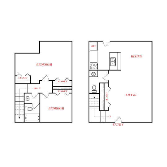 The image shows a floor-plan style layout emphasizing meal preparation and everyday living. It highlights a dining area connected to a kitchen with a range, sink, and refrigerator, creating a practical workflow for cooking and hosting. The plan includes a dedicated living room for relaxing after meals and a bedroom wing for comfortable private space. Doorways, closet locations, and a laundry area reinforce a functional, move-in-ready home design with clear room boundaries and efficient circulation throughout.
