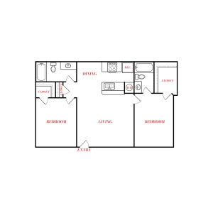 A simplified floor plan highlights the home’s main living and dining zone where everyday activities flow naturally from room to room. The central kitchen area is positioned beside a dining space with a clear path through the open layout. The plan includes a stove and oven range, a sink counter, and a windowed wall that supports meal prep and hosting. Separate bedroom and closet areas flank the shared living/dining core, creating an organized, functional footprint for comfortable daily living.