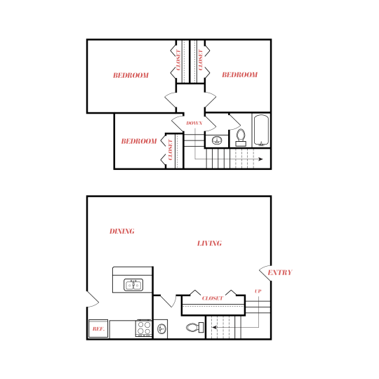 A floor plan shows a bright, efficient layout with designated BEDROOM and BEDROOM zones connected by a central hallway and living area. The primary activity represented is everyday living, with a planned living space, dining area, and a kitchen zone featuring a stove and sink. The plan highlights a defined DINING area, a combined LIVING room for gathering, and a KITCHEN work triangle for meal prep. Multiple interior doors create smooth circulation, while the room arrangement supports privacy for sleeping spaces and convenience for entertaining.
