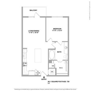Cedar at the Branch Floor Plan 1 Bedroom 1 Bath 1 Bed 1 Bath 729 sqft