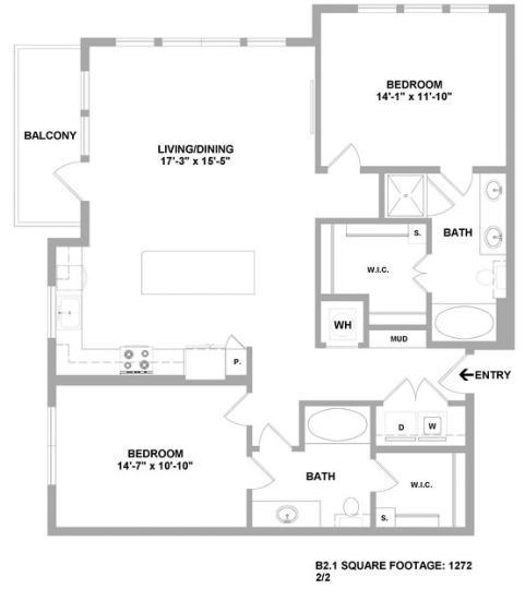 floor plan for a two bedroom apartment at The Cedar at  Branch