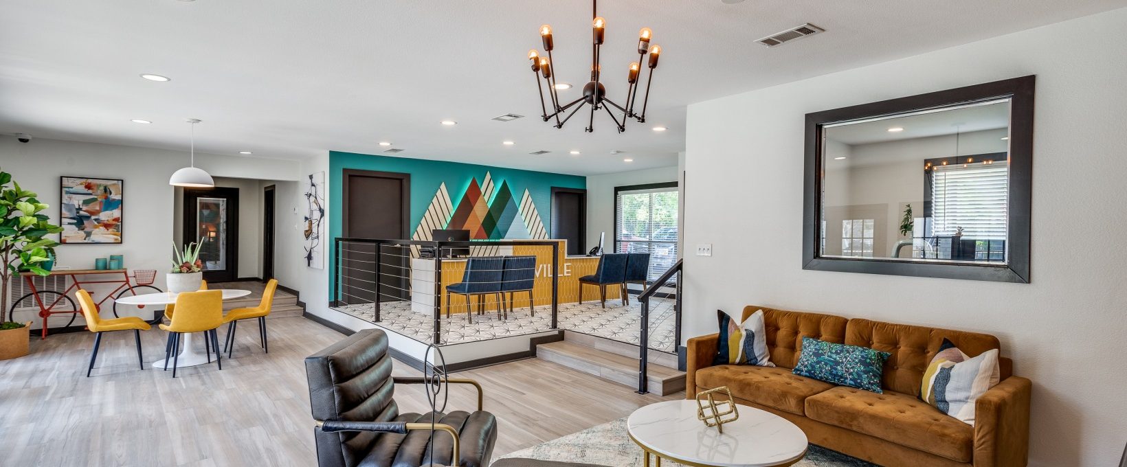 the living room and dining area at The Melville