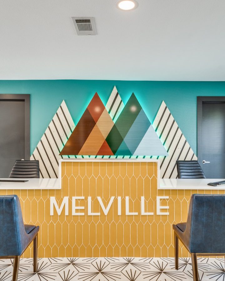 the lobby at meville apartments in san antonio, texas at The Melville
