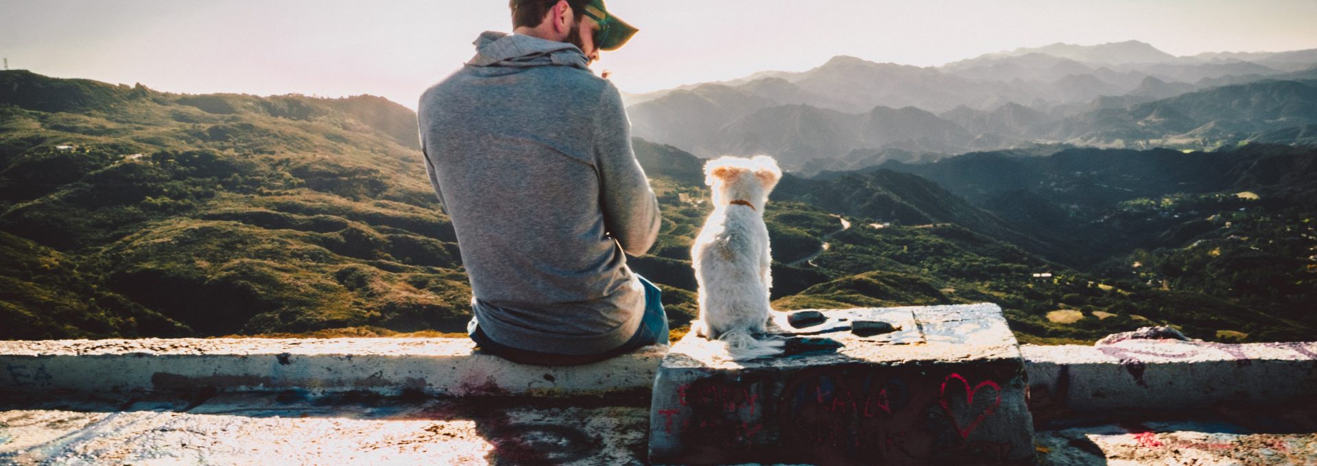 man sitting beside dog