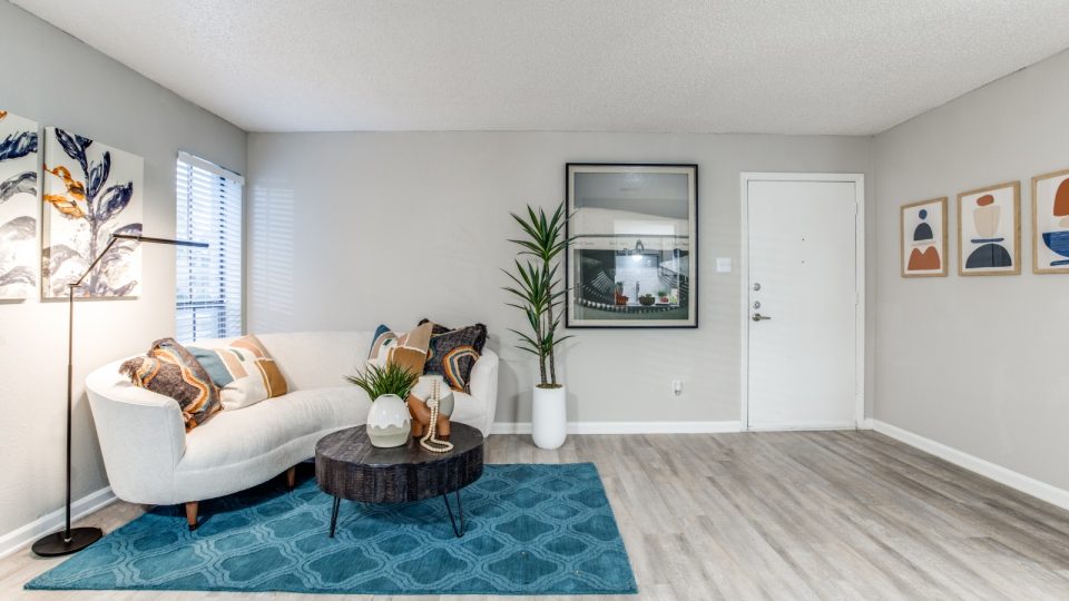 a living room with a blue rug and white furniture at The  Booker