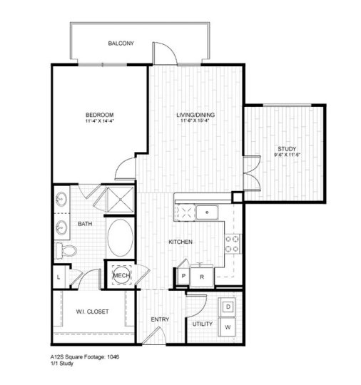Ash at the Branch Floor Plan 1 Bedroom 1 Bath Study 1 Bed 1 Bath 930 sqft
