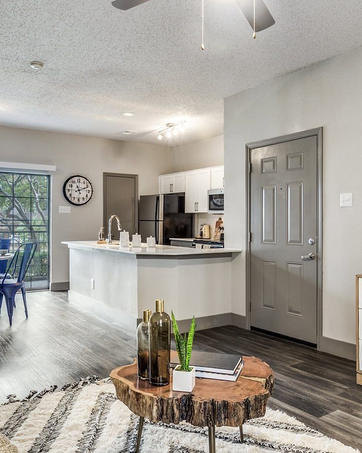 a living room and kitchen area at The Hyde Park at Valley Ranch