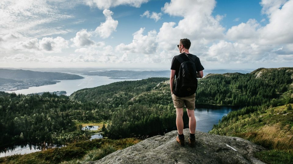 man standing on mountain beside trees